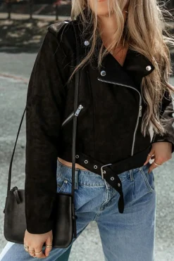Online Dear-Lover Asymmetric Zipper Belted Hem Jacket Black