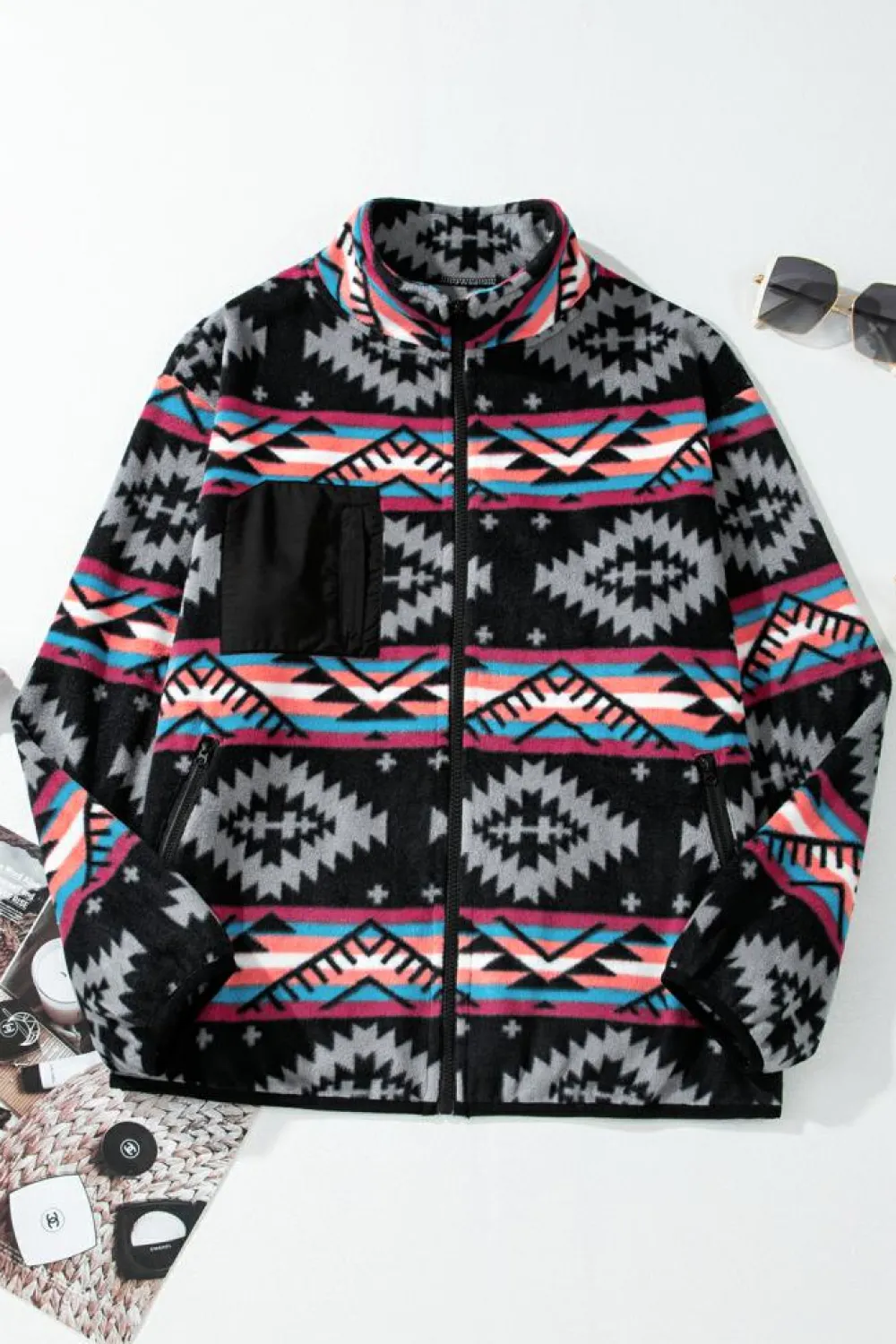 Discount Dear-Lover Aztec Printed Zip Up Collar Jacket Black