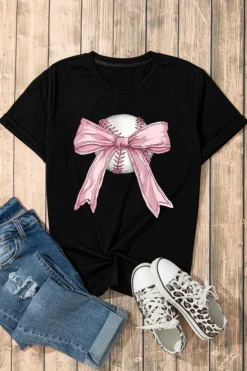 Best Dear-Lover Baseball Bow Knot Print Round Neck T Shirt Black