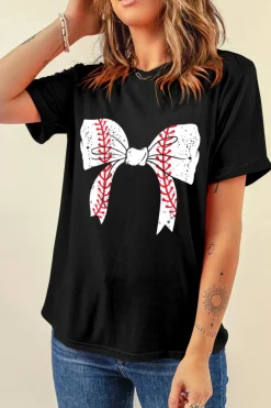 Fashion Dear-Lover Baseball Bowknot Graphic Casual Tee Black