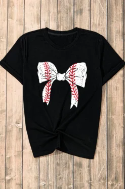Fashion Dear-Lover Baseball Bowknot Graphic Casual Tee Black