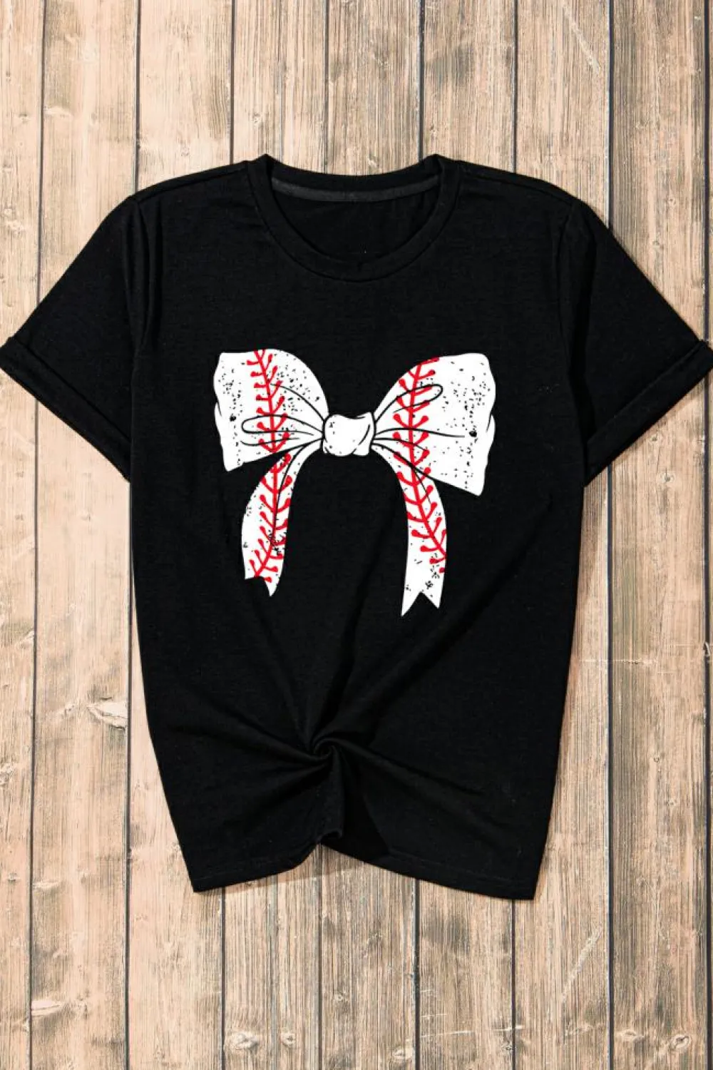 Fashion Dear-Lover Baseball Bowknot Graphic Casual Tee Black