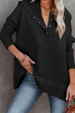 Fashion Dear-Lover Batwing Sleeve Pocketed Henley Hoodie Black