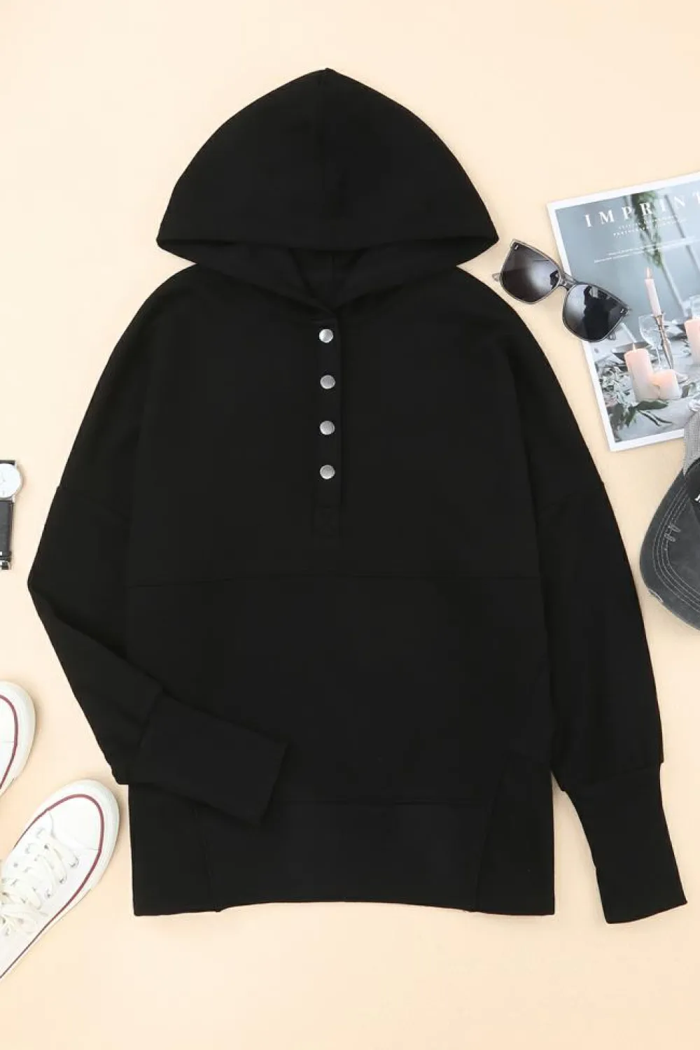 Fashion Dear-Lover Batwing Sleeve Pocketed Henley Hoodie Black