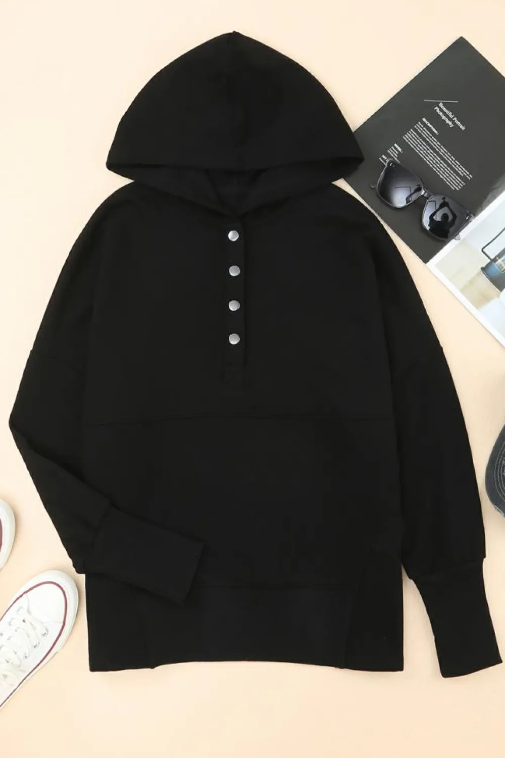 Fashion Dear-Lover Batwing Sleeve Pocketed Henley Hoodie Black