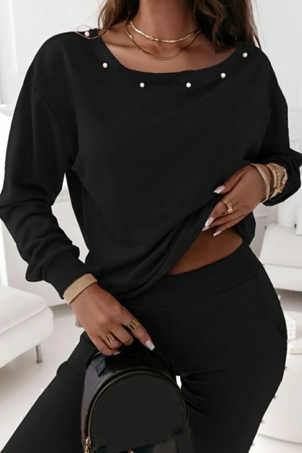 New Dear-Lover Beaded Decor Pullover and Jogger Pants Set Black