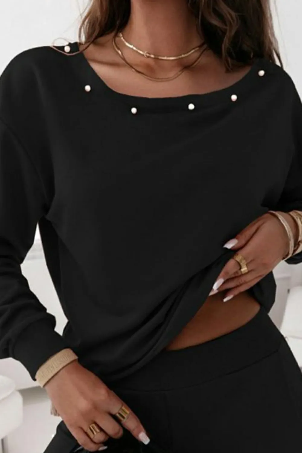 New Dear-Lover Beaded Decor Pullover and Jogger Pants Set Black