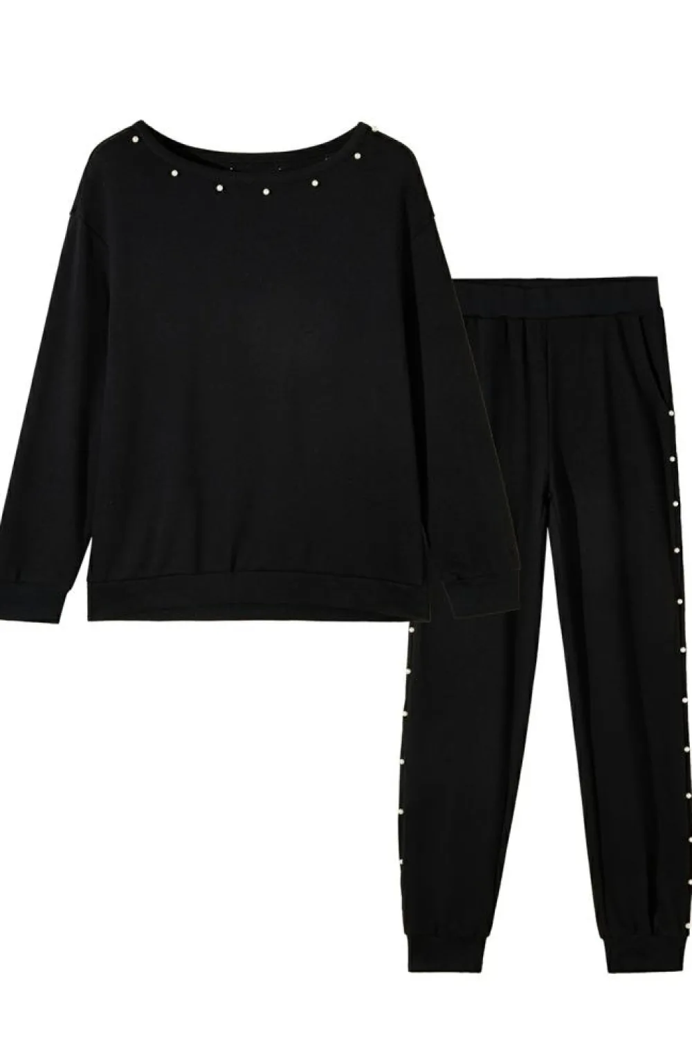 New Dear-Lover Beaded Decor Pullover and Jogger Pants Set Black