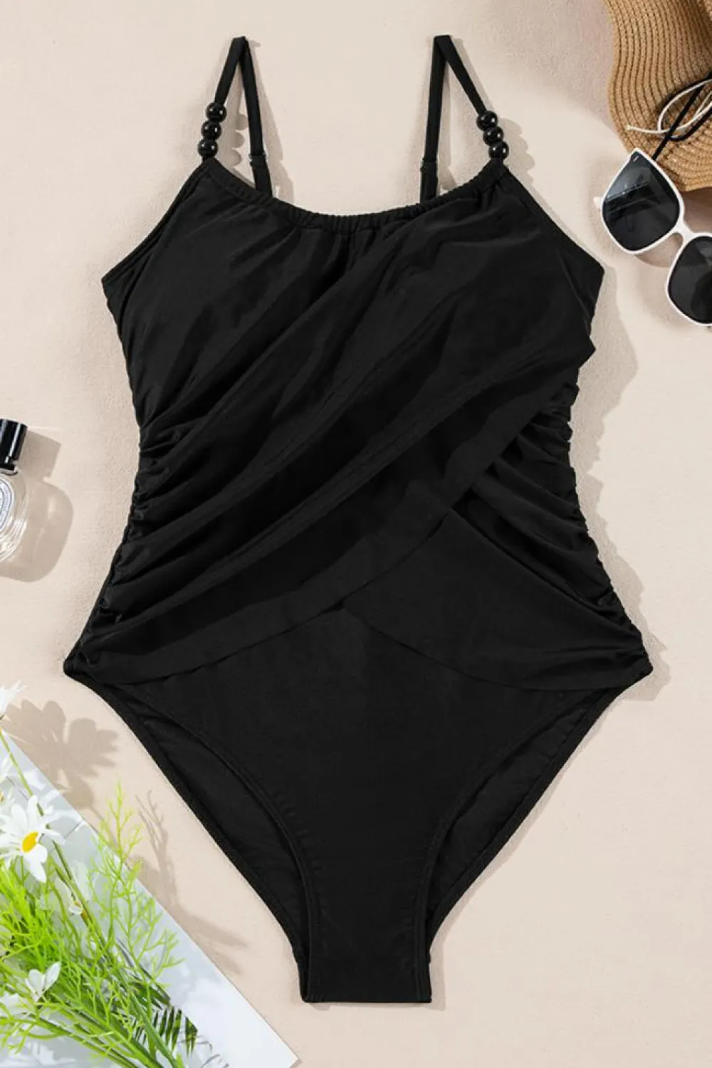 Outlet Dear-Lover Beaded Spaghetti Straps Ruched Overlapped Colorblock One Piece Swimsuit Black