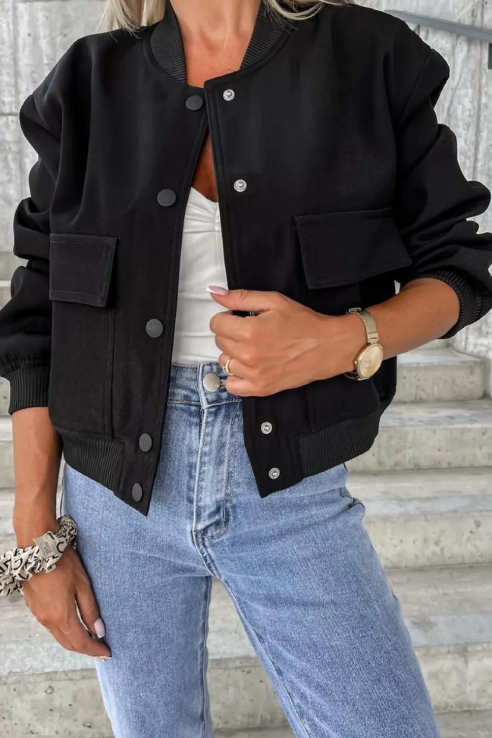 Discount Dear-Lover Big Pockets Baseball Collar Jacket Black