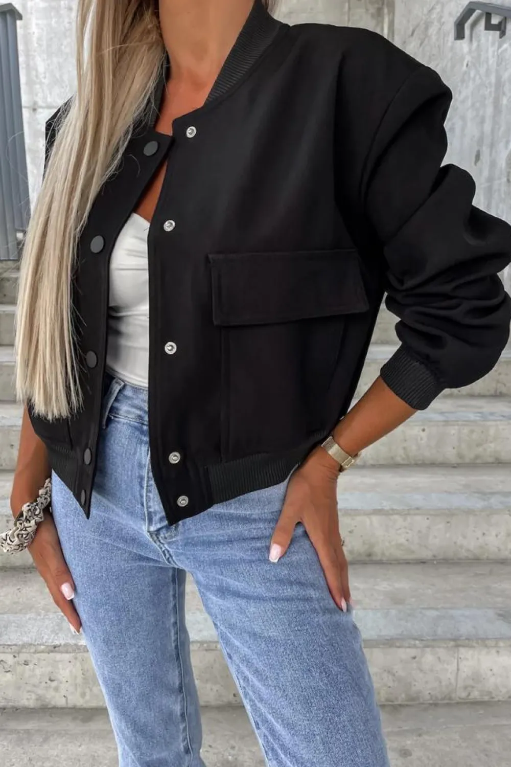 Discount Dear-Lover Big Pockets Baseball Collar Jacket Black