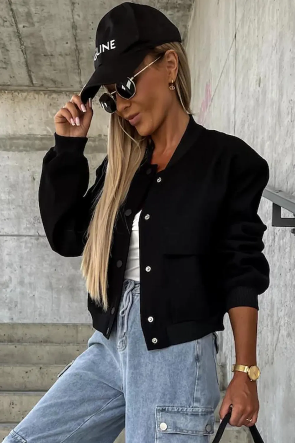 Discount Dear-Lover Big Pockets Baseball Collar Jacket Black