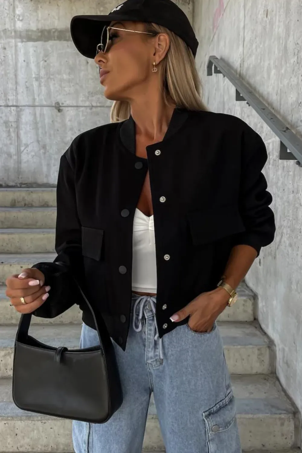 Discount Dear-Lover Big Pockets Baseball Collar Jacket Black