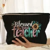 New Dear-Lover Blessed Teacher Flower Pencil Print Corduroy Storage Bag Black