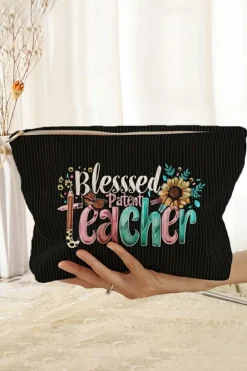 New Dear-Lover Blessed Teacher Flower Pencil Print Corduroy Storage Bag Black