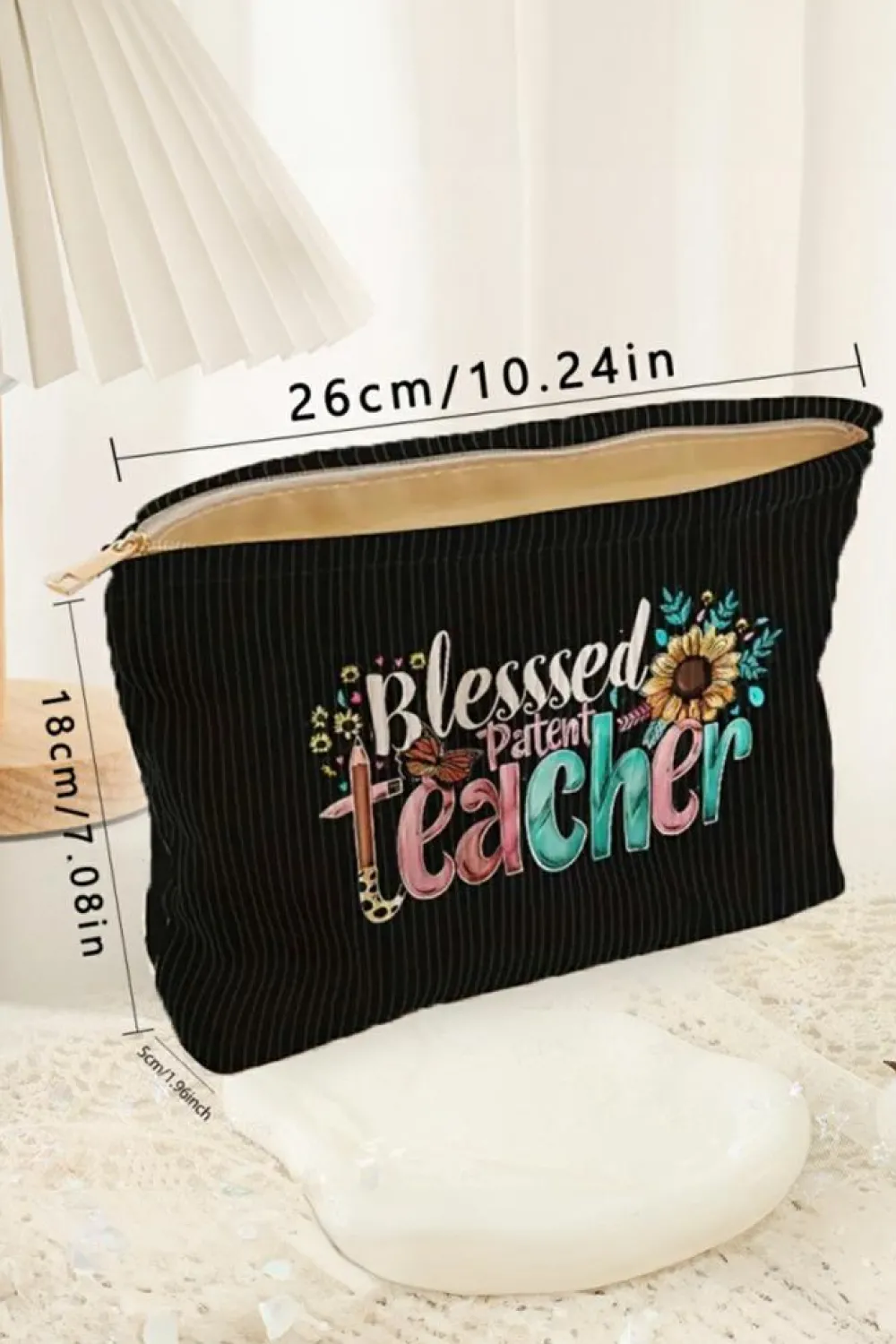New Dear-Lover Blessed Teacher Flower Pencil Print Corduroy Storage Bag Black