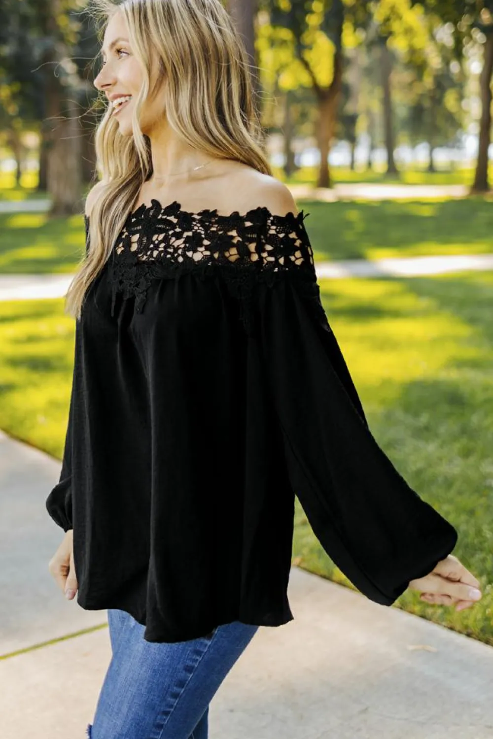 New Dear-Lover Blooming Lace Off The Shoulder Top Black