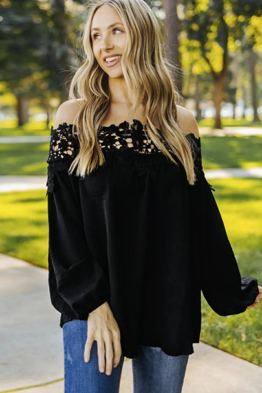 New Dear-Lover Blooming Lace Off The Shoulder Top Black