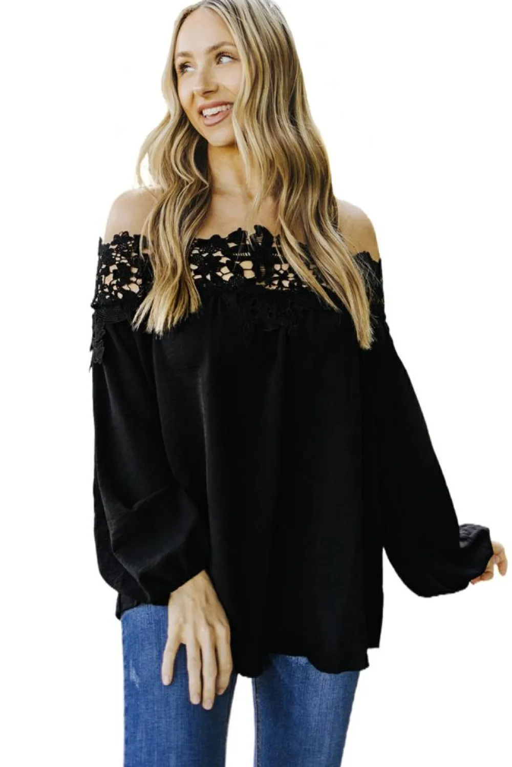 New Dear-Lover Blooming Lace Off The Shoulder Top Black