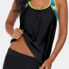 Discount Dear-Lover Blouson Striped Printed Strappy T-Back Push up Tankini Top Black