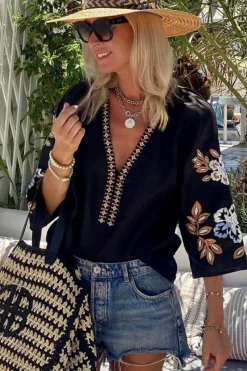 New Dear-Lover Bohemian Floral Embroidered V Neck Blouse Black