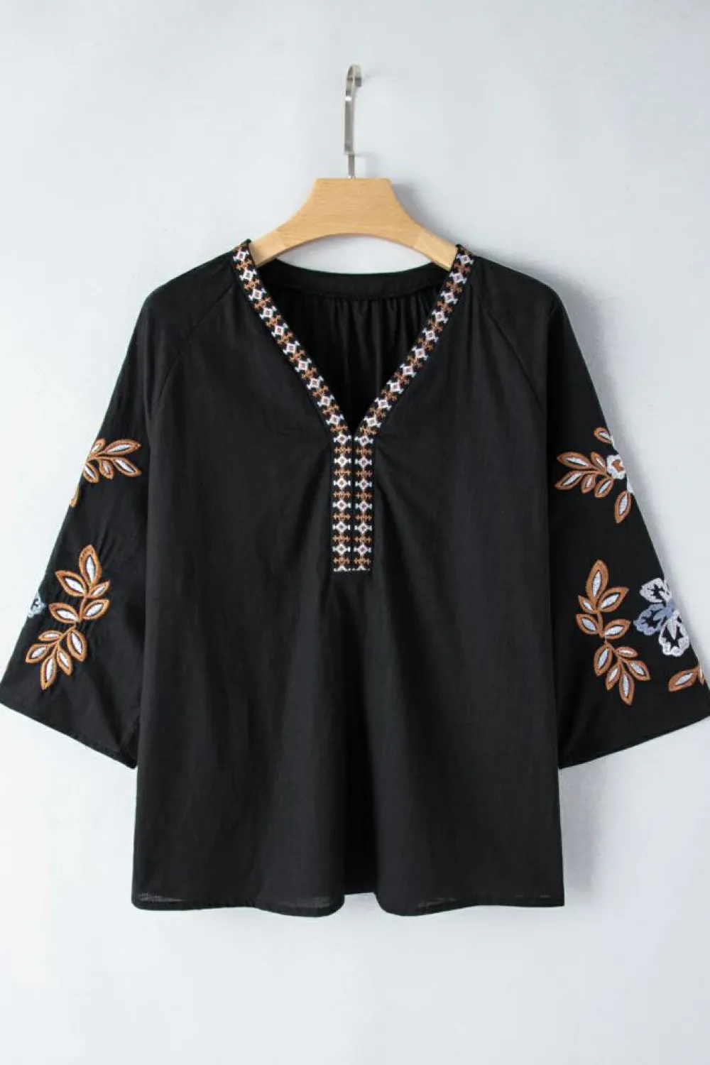 New Dear-Lover Bohemian Floral Embroidered V Neck Blouse Black
