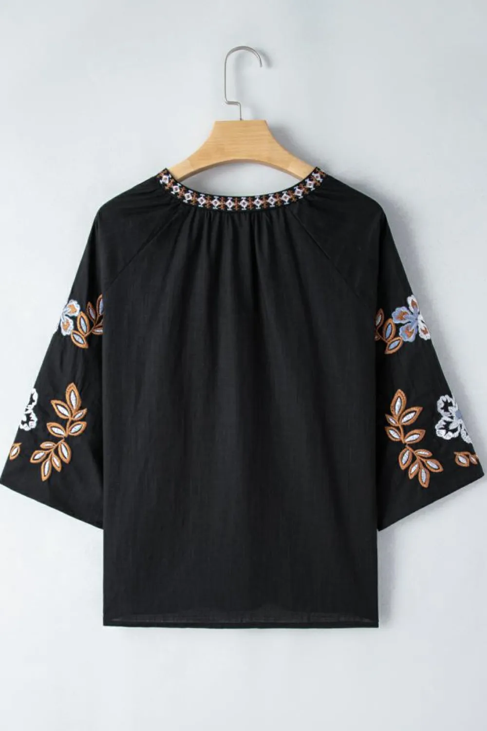 New Dear-Lover Bohemian Floral Embroidered V Neck Blouse Black