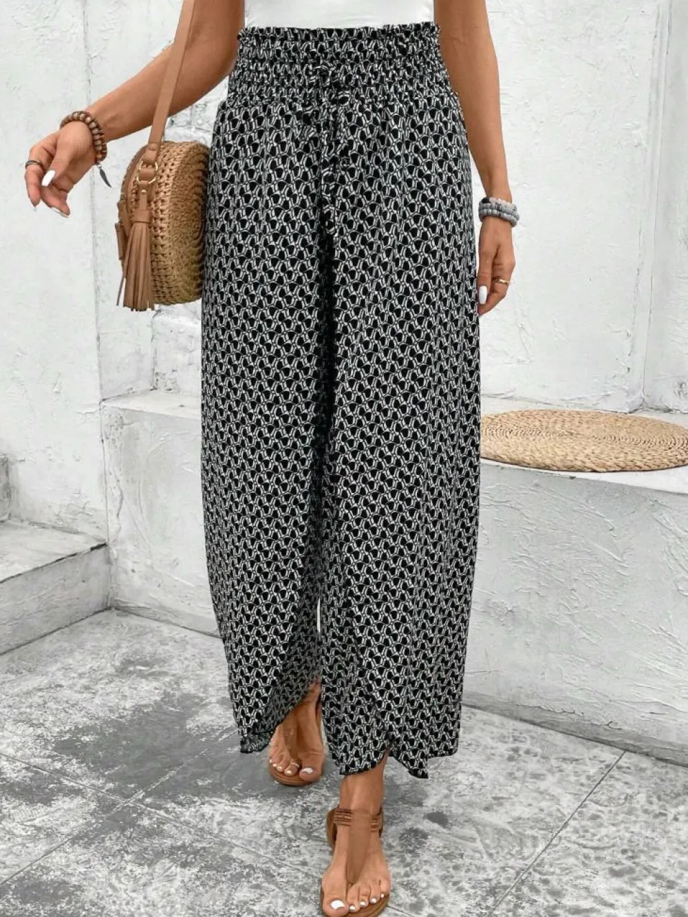 Clearance Dear-Lover Bohemian Print Slit Wide Leg Smocked High Waist Pants Black