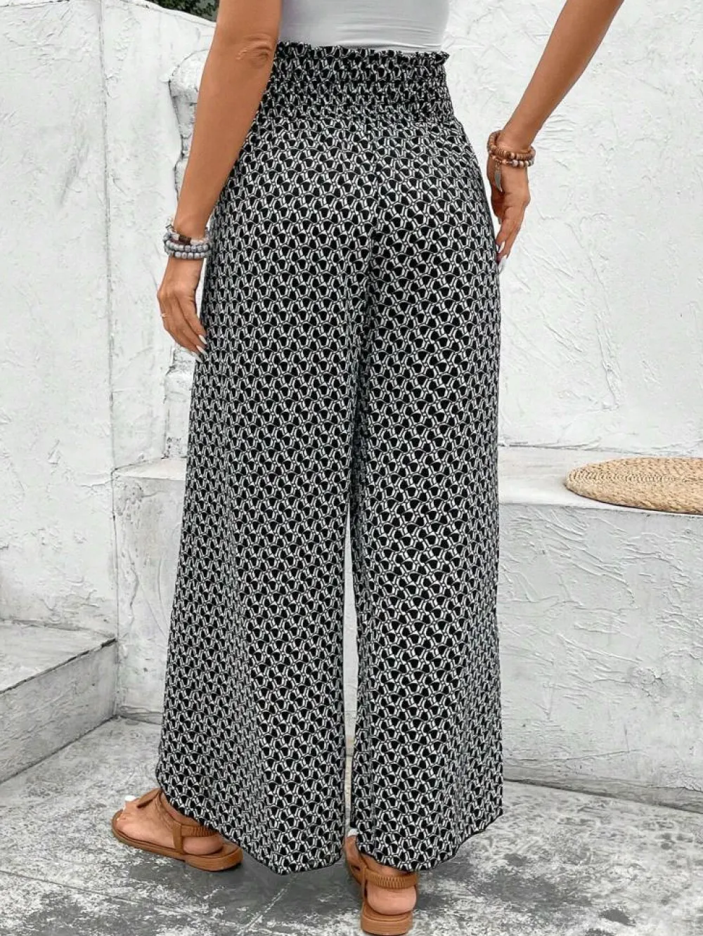 Clearance Dear-Lover Bohemian Print Slit Wide Leg Smocked High Waist Pants Black