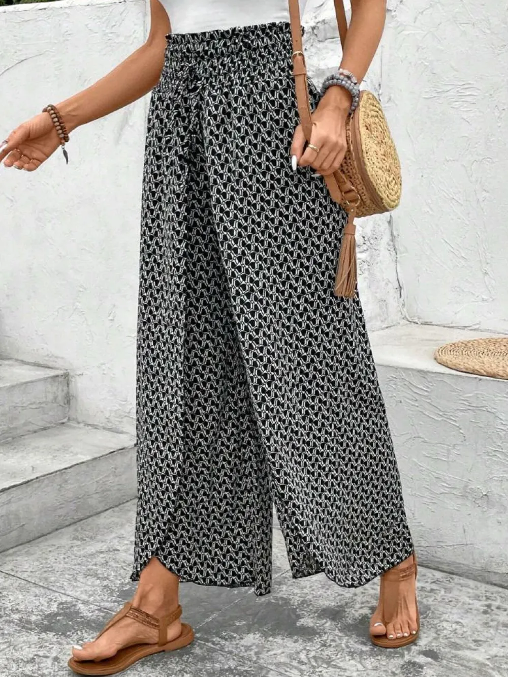 Clearance Dear-Lover Bohemian Print Slit Wide Leg Smocked High Waist Pants Black