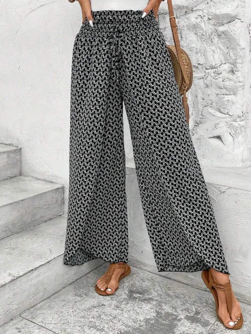 Clearance Dear-Lover Bohemian Print Slit Wide Leg Smocked High Waist Pants Black