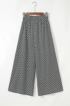 Clearance Dear-Lover Bohemian Print Slit Wide Leg Smocked High Waist Pants Black