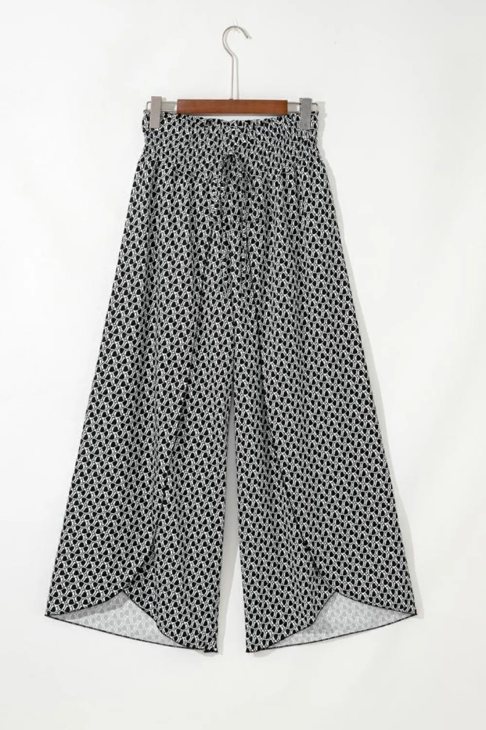 Clearance Dear-Lover Bohemian Print Slit Wide Leg Smocked High Waist Pants Black