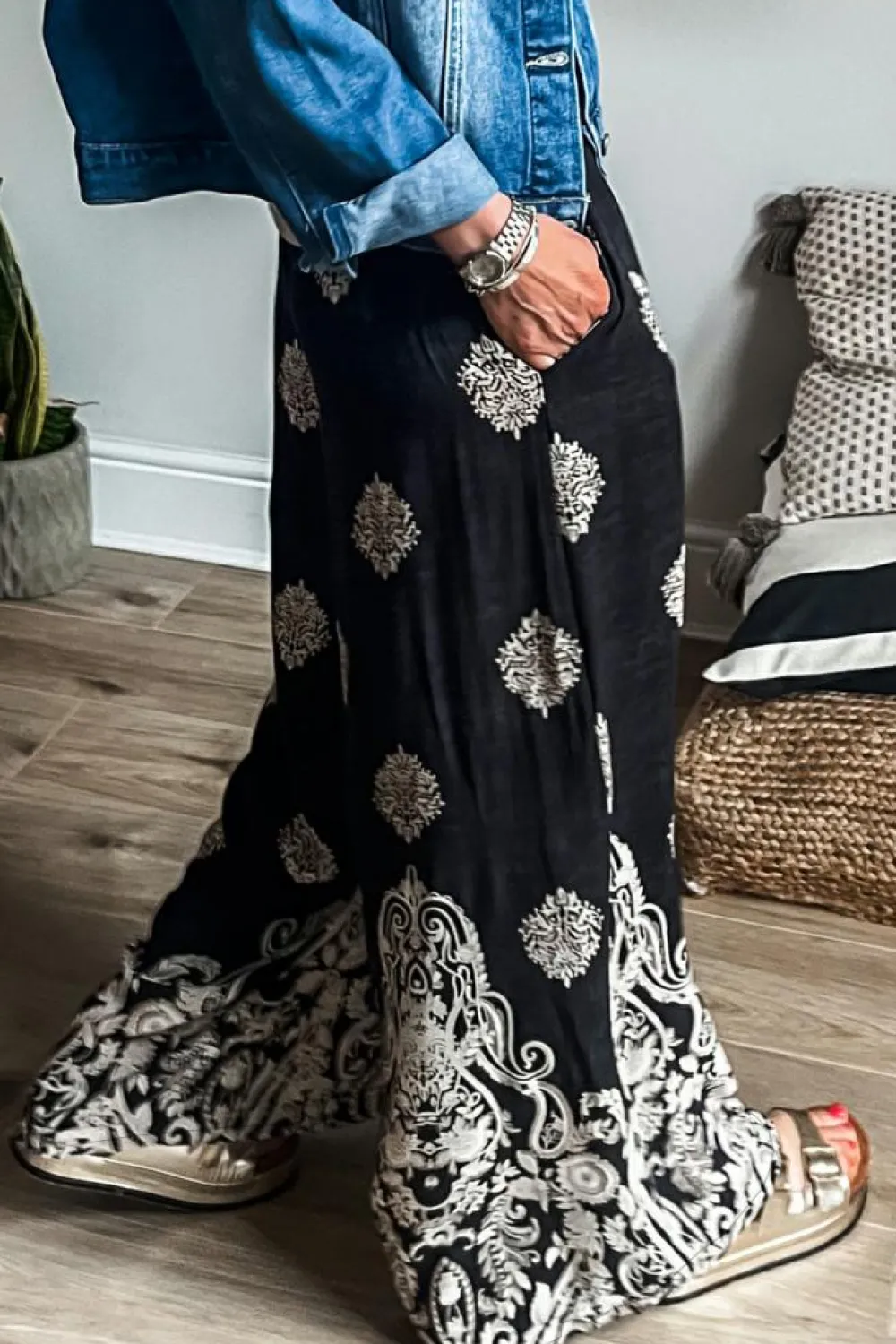 Discount Dear-Lover Bohemian Printed Drawstring Waist Wide Leg Pants Black