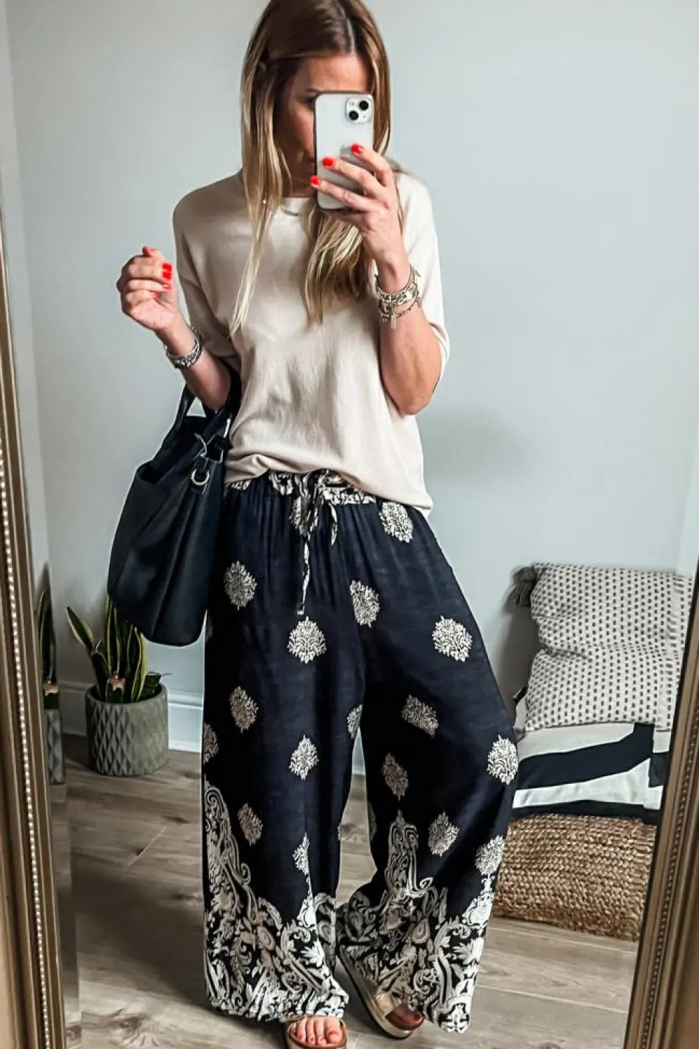 Discount Dear-Lover Bohemian Printed Drawstring Waist Wide Leg Pants Black