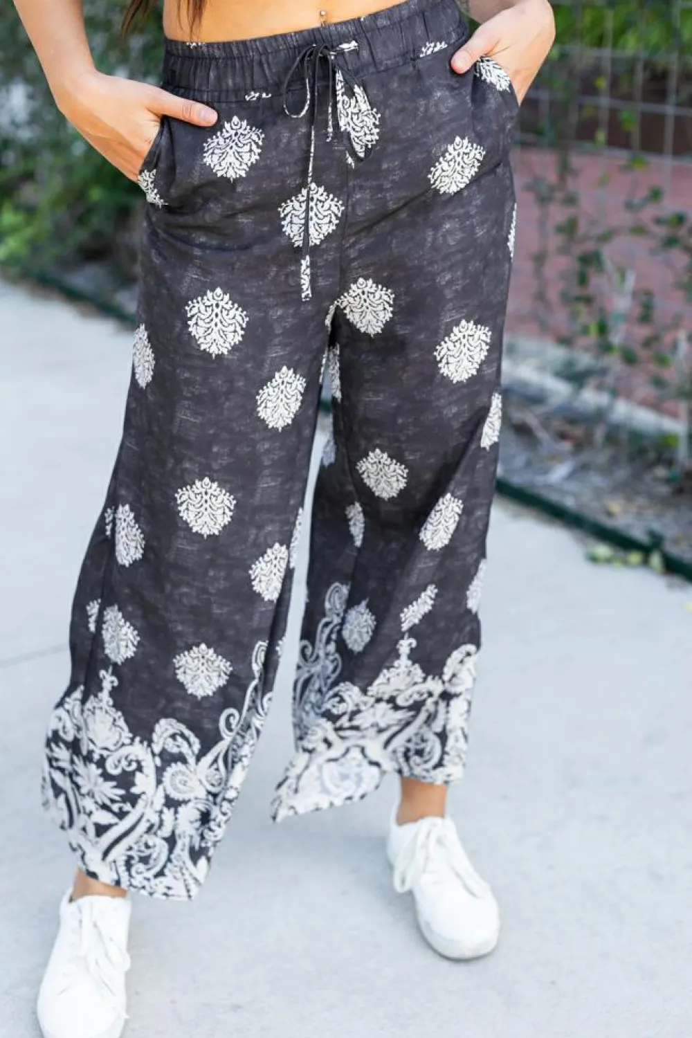 Discount Dear-Lover Bohemian Printed Drawstring Waist Wide Leg Pants Black