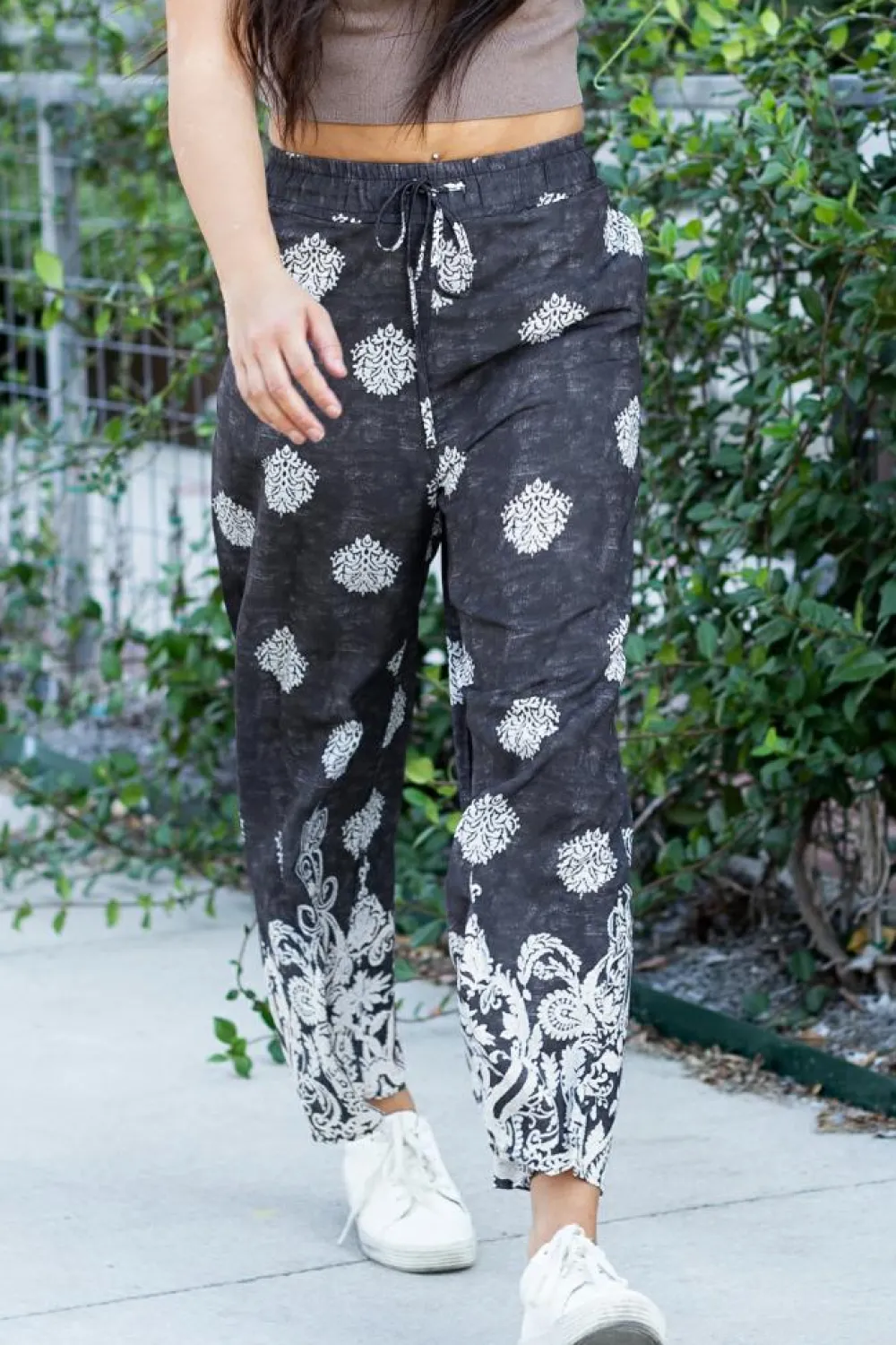 Discount Dear-Lover Bohemian Printed Drawstring Waist Wide Leg Pants Black