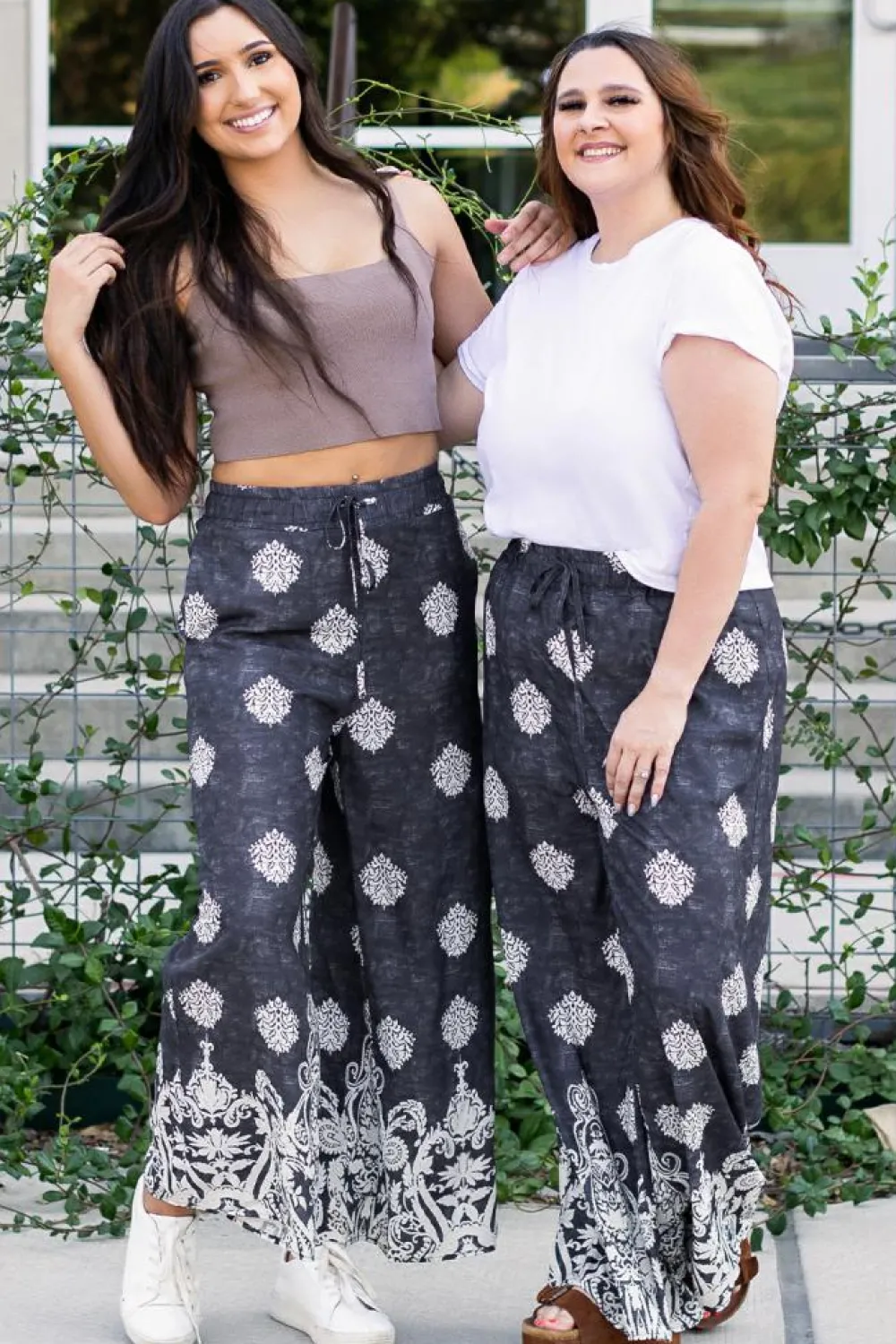 Discount Dear-Lover Bohemian Printed Drawstring Waist Wide Leg Pants Black