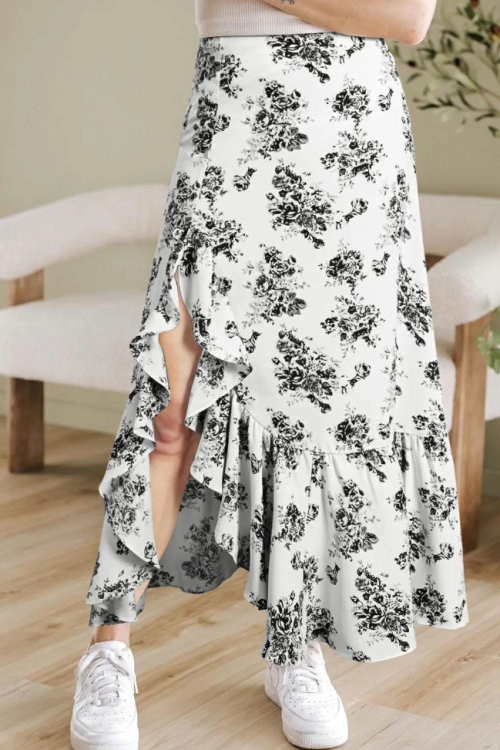 Best Dear-Lover Boho Floral High Waist Ruffle Split Maxi Skirt Black