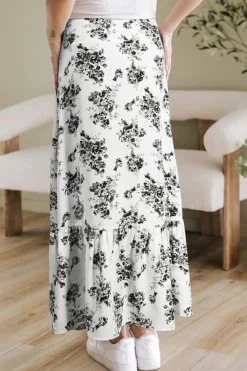 Best Dear-Lover Boho Floral High Waist Ruffle Split Maxi Skirt Black