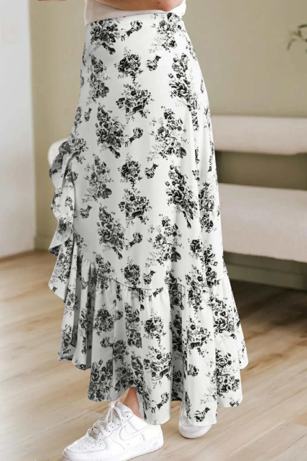 Best Dear-Lover Boho Floral High Waist Ruffle Split Maxi Skirt Black