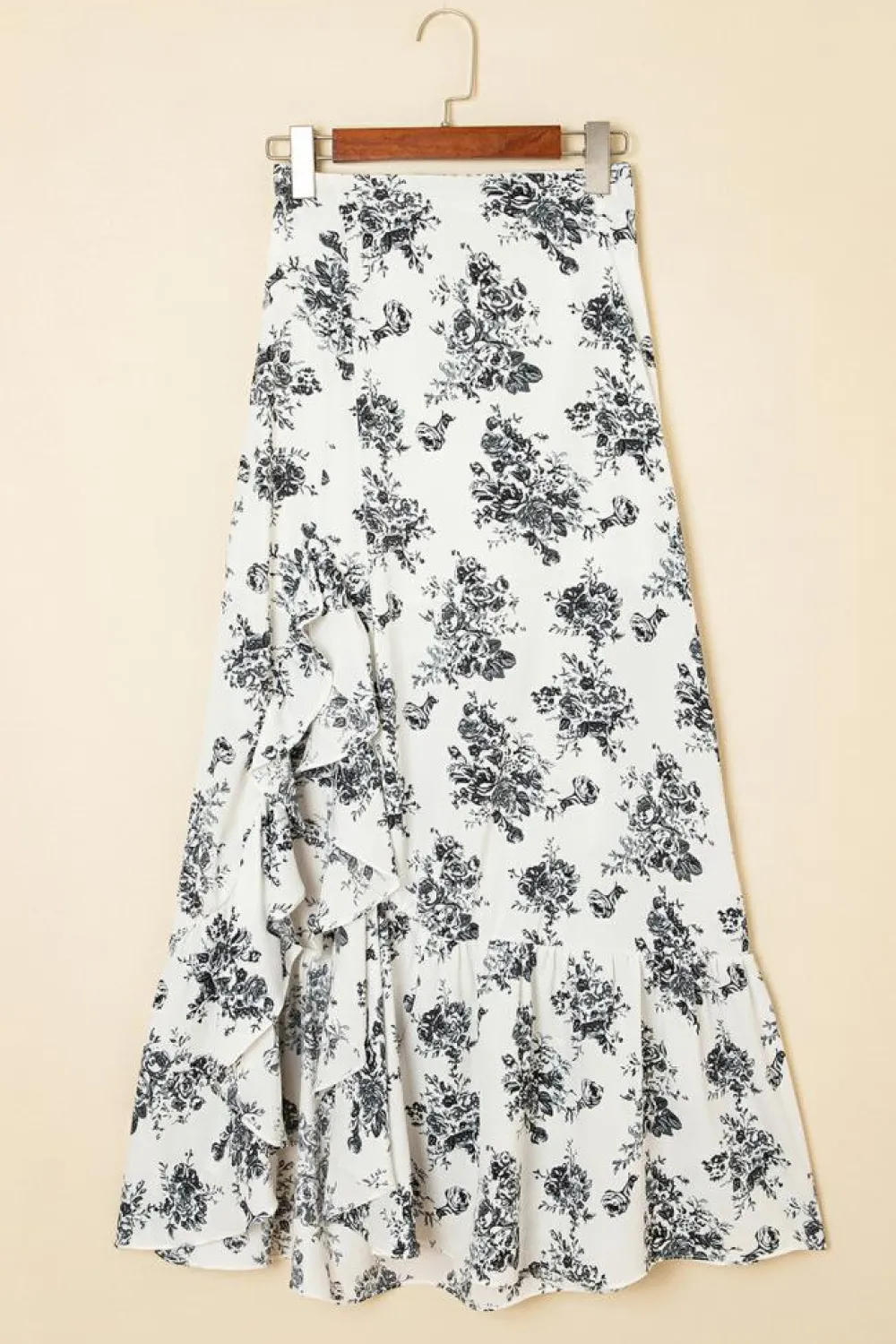 Best Dear-Lover Boho Floral High Waist Ruffle Split Maxi Skirt Black