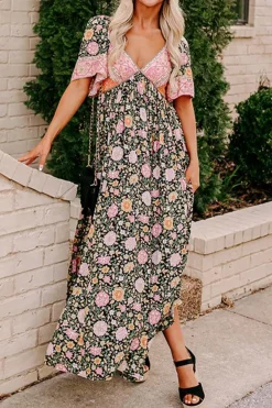 Discount Dear-Lover Boho Floral Patchwork Sexy V Neck Short Sleeve Maxi Dress Black