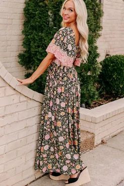 Discount Dear-Lover Boho Floral Patchwork Sexy V Neck Short Sleeve Maxi Dress Black