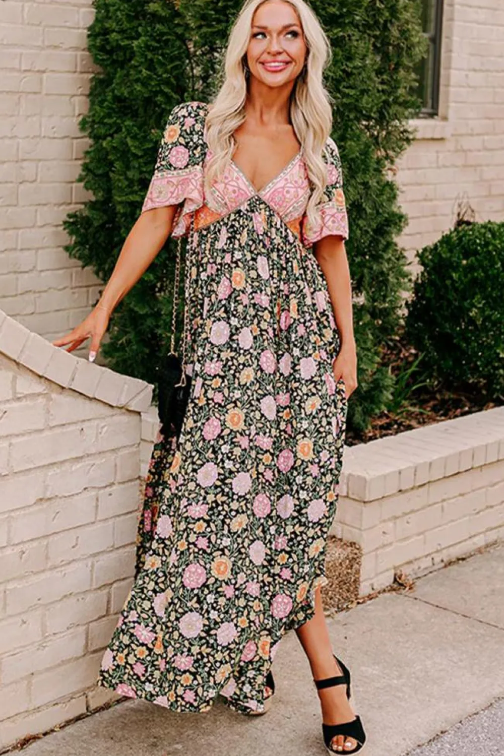 Discount Dear-Lover Boho Floral Patchwork Sexy V Neck Short Sleeve Maxi Dress Black