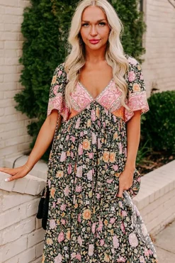 Discount Dear-Lover Boho Floral Patchwork Sexy V Neck Short Sleeve Maxi Dress Black