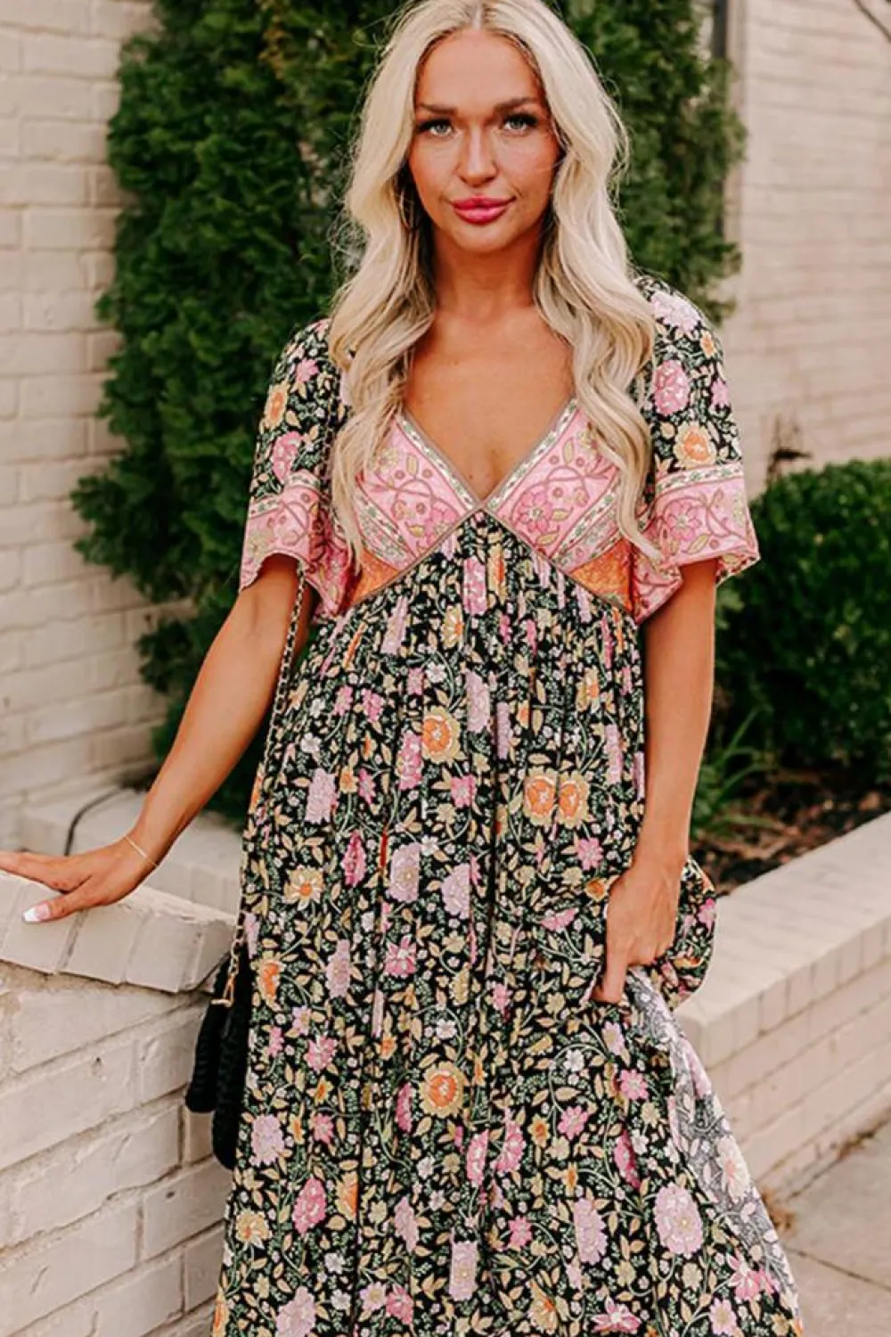 Discount Dear-Lover Boho Floral Patchwork Sexy V Neck Short Sleeve Maxi Dress Black