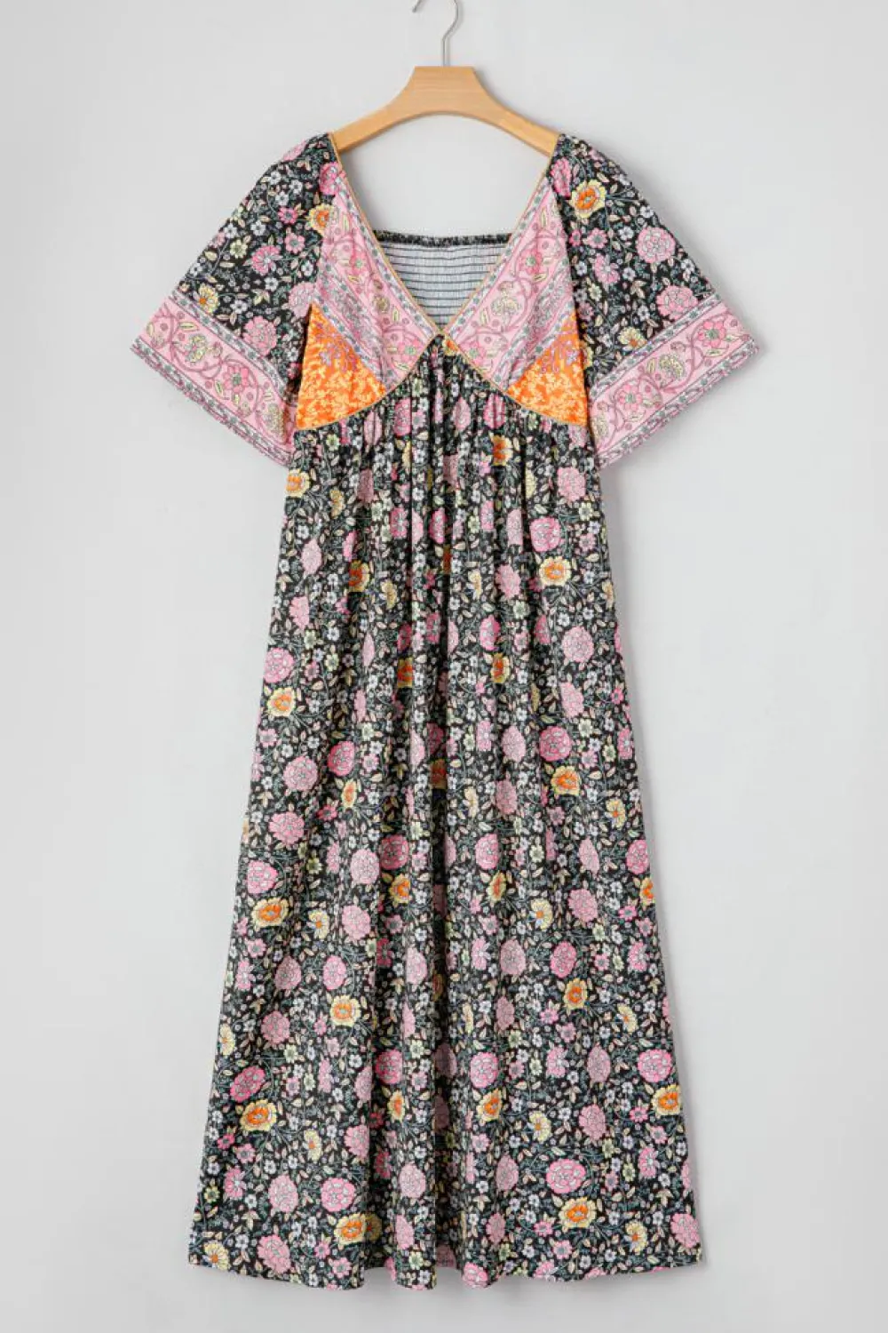 Discount Dear-Lover Boho Floral Patchwork Sexy V Neck Short Sleeve Maxi Dress Black