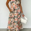 Fashion Dear-Lover Boho Floral Print Knotted Halter Ruffled Maxi Dress Black