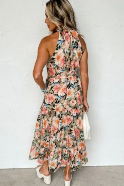 Fashion Dear-Lover Boho Floral Print Knotted Halter Ruffled Maxi Dress Black